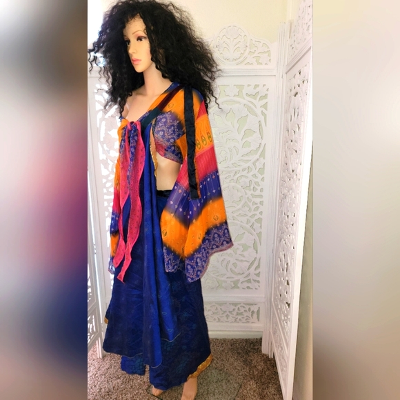 Exotic Blue & Gold Multicolor Silk Cropped Tie Top - Picture 9 of 15